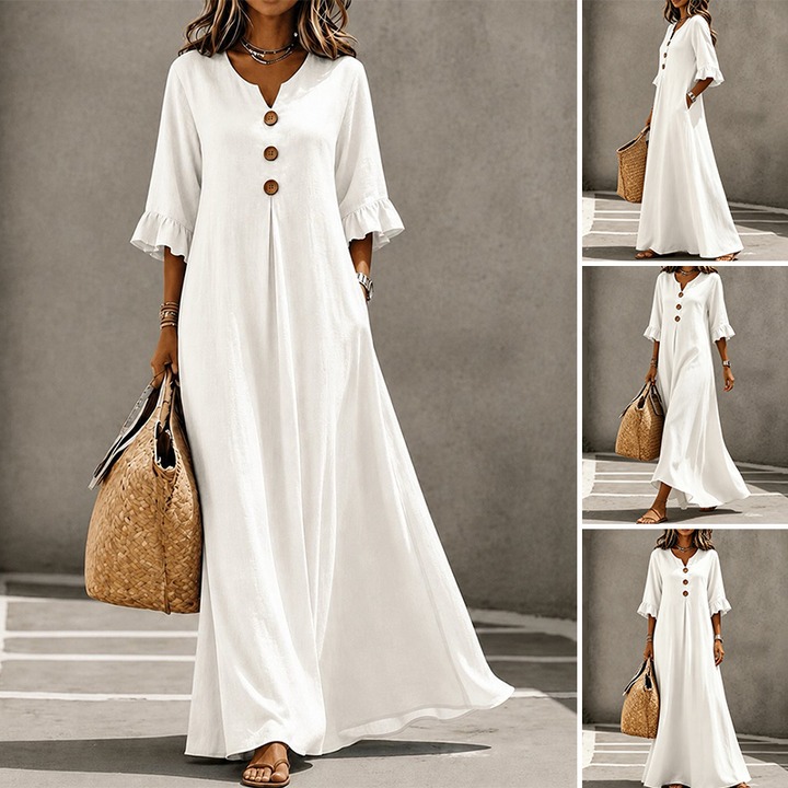 V-Neck Button Ruffle Full Skirt Dress
