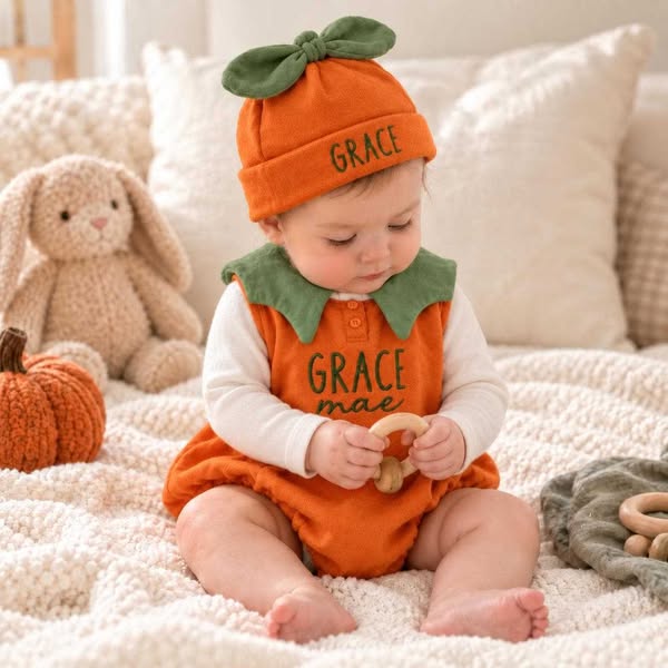 Personalized Baby Pumpkin Outfit, Embroidered Name Romper with Hat, First Halloween Baby Costume, Fall Newborn Gift