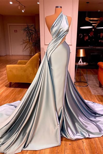 Long Beadings One Shoulder Prom Dress Mermaid With Ruffles | Risias Yellow-US4