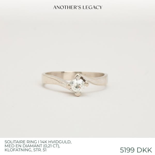 Solitaire ring i 14K hvidguld, med en diamant (0,21 ct), klofatning, Str. 51