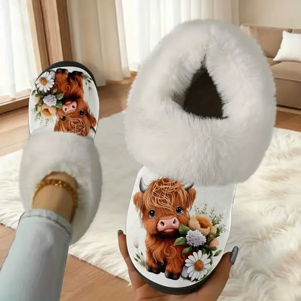 Women's Cute Baby Highland Cow Floral Print Furry Collar Indoor/Outdoor Shoes