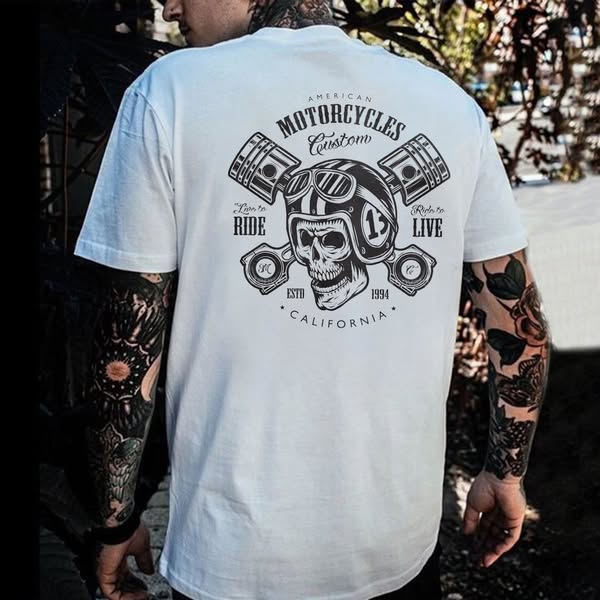 Modern Motorcycles Ride to Live White Print T-shirt White-XL