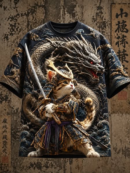 Men's Vintage Japanese Samurai Cat Dragon Print T-Shirt