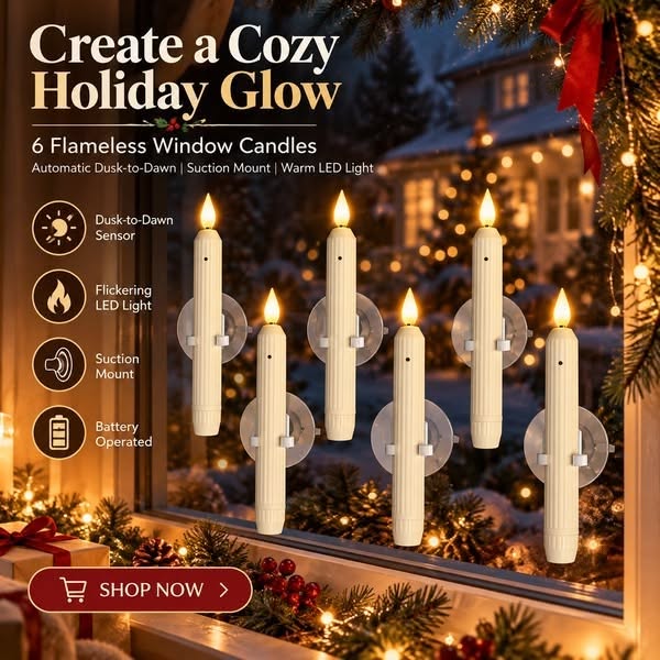 CHRISTMAS ON SALE6 Pcs Window Flameless Led Taper Candles with Sensor Dusk to Dawn - BUY 1(6PCS)
