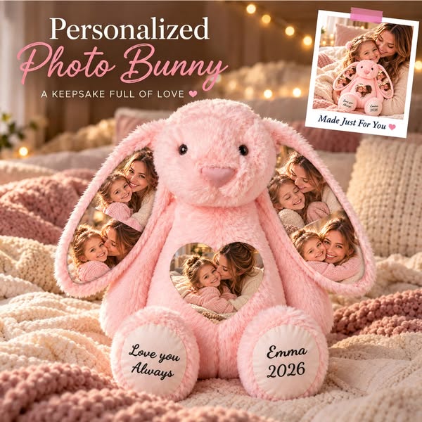 Coelho de pelúcia personalizado com 1 a 4 fotos, coelho macio com orelhas escondidas, presente ideal para relacionamentos à distância, anive