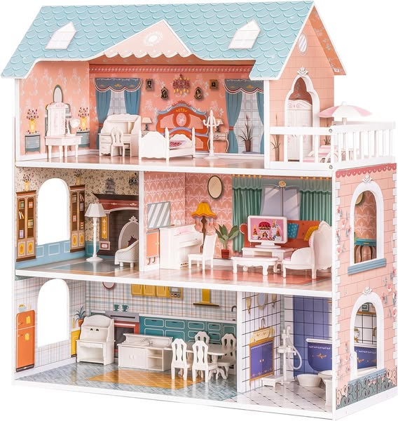 Wooden Dollhouse with Furniture