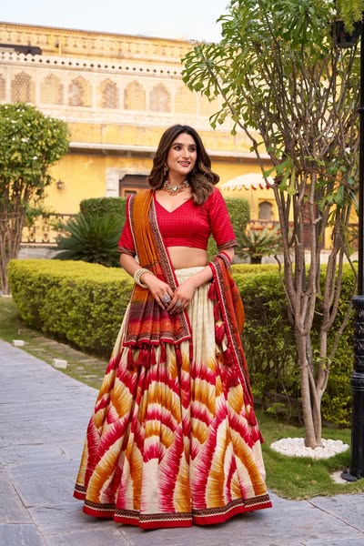 Red Tie Dye Tussar Silk Lehenga Choli