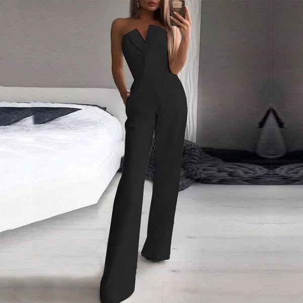 Asymmetric Placket Mid Waist Elegant Commuter Jumpsuit M-black