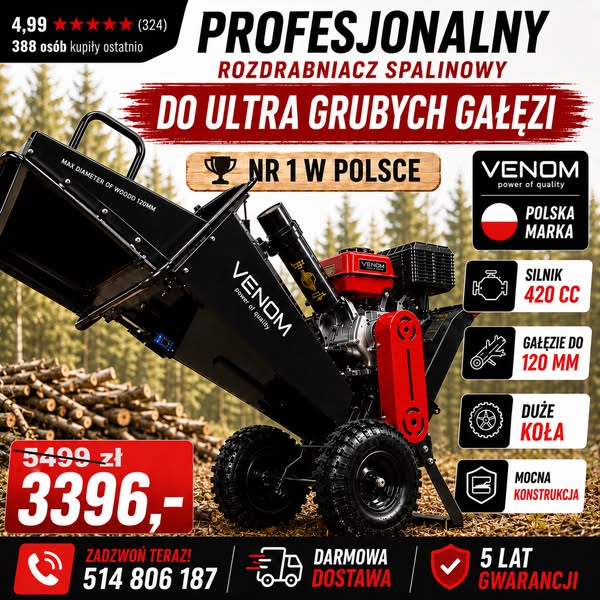 TURBO WYPRZEDAŻ ROZDRABNIACZY VENOM Mocny silnik SENCI 420cc gałęzie do 120 mm i profesjonalna praca bez kompromisów