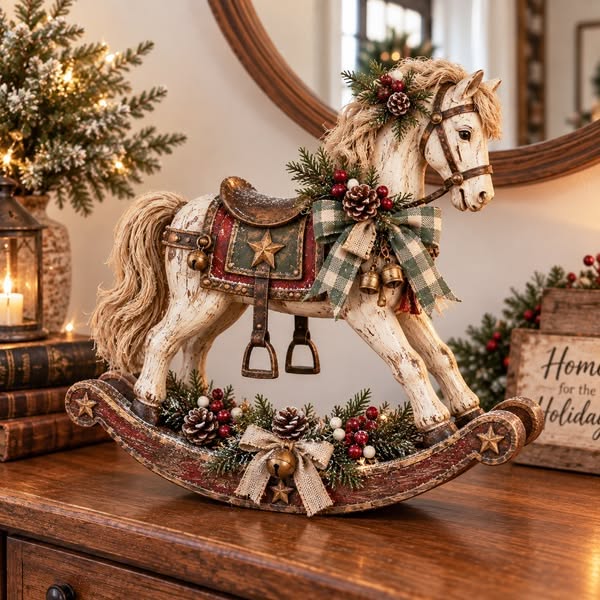 Vintage Christmas Rocking Horse - Rustic Farmhouse Holiday Tabletop Decor