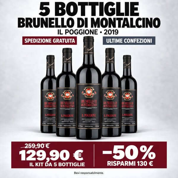 Set da 5 bottiglie di vino rosso: Il Poggione Brunello di Montalcino, 5 × 750 ml