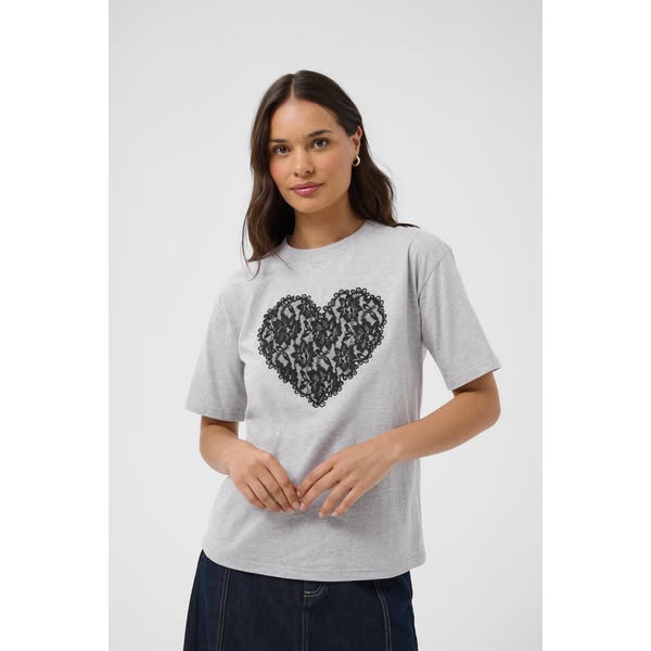 Kaffe Kagloria Grey Melange T-Shirt with Lace Heart