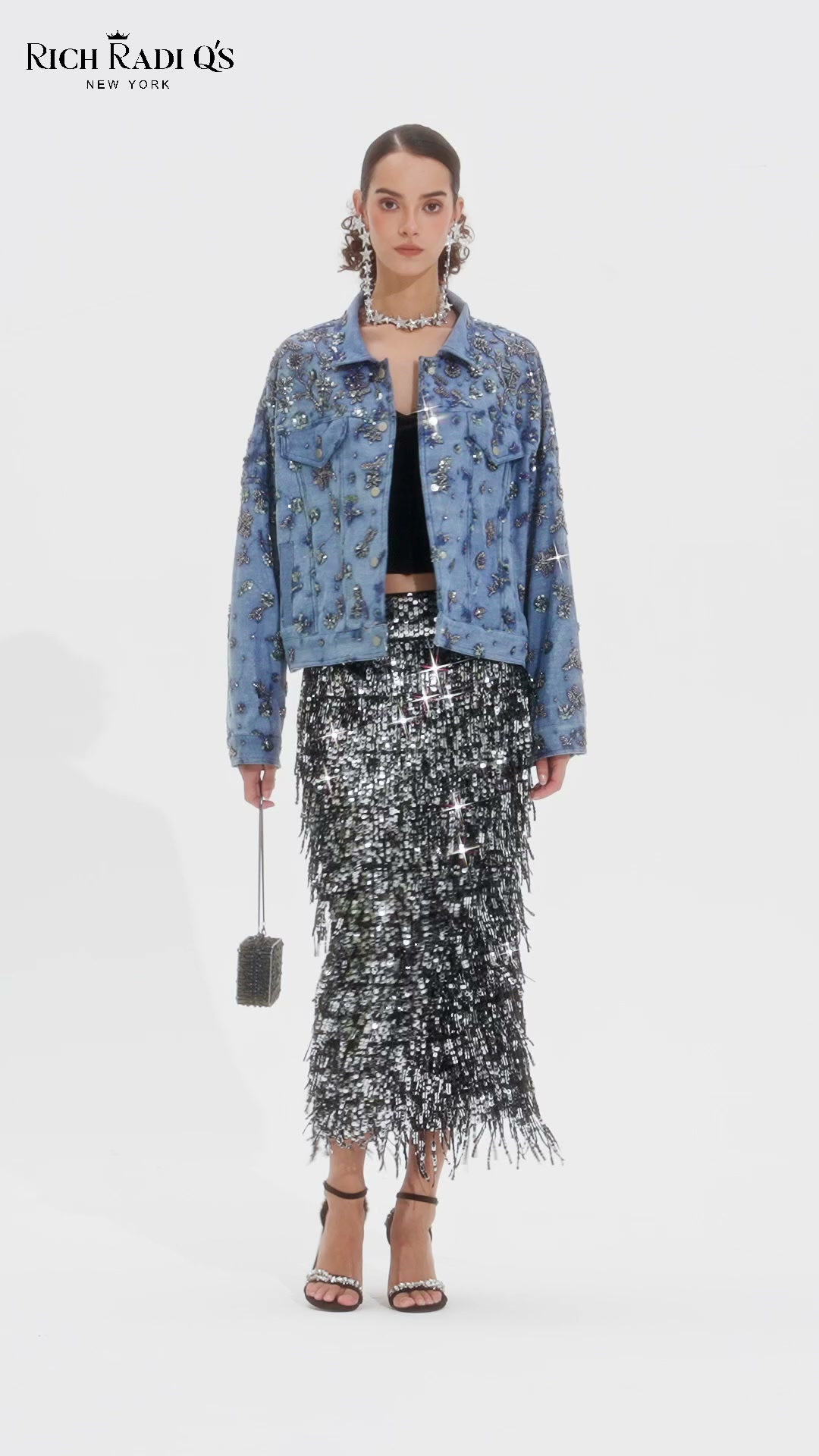 Washed Denim Floral Beaded Sequin Jacket