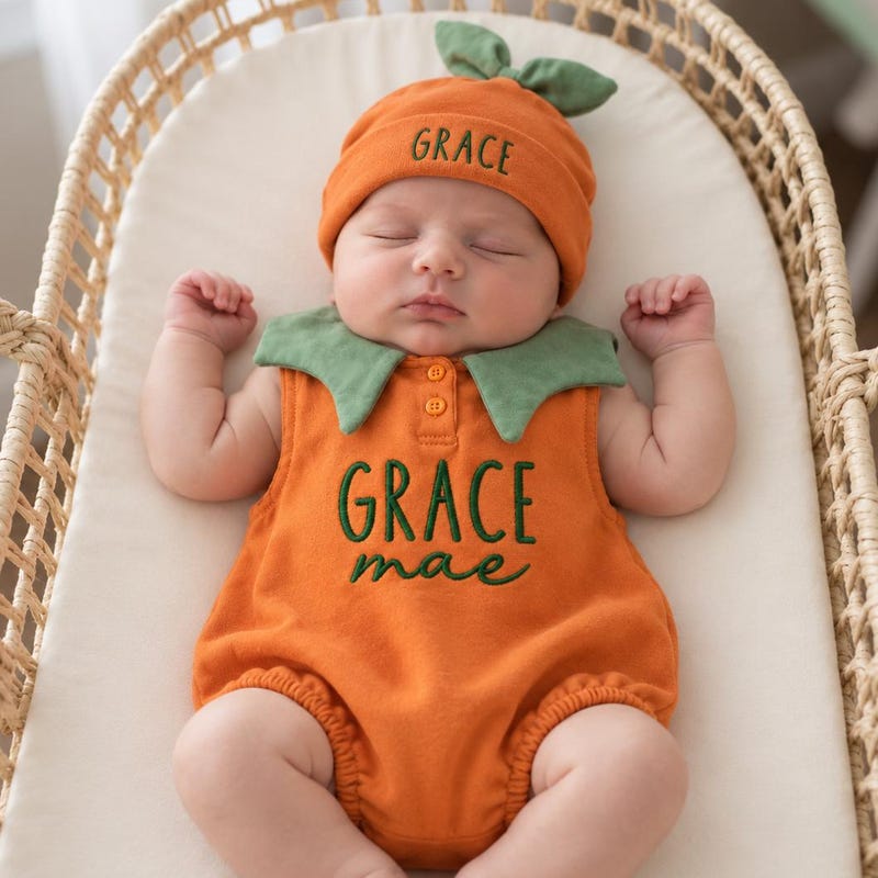 Personalized Baby Pumpkin Outfit, Embroidered Name Romper with Hat, First Halloween Baby Costume, Fall Newborn Gift