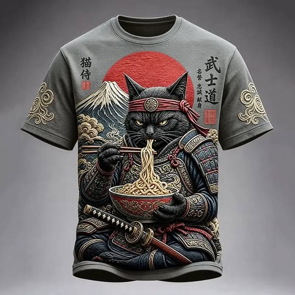 Men's Black Cat Samurai Eats Ramen Print Casual T-shirt dd32 Grey-L