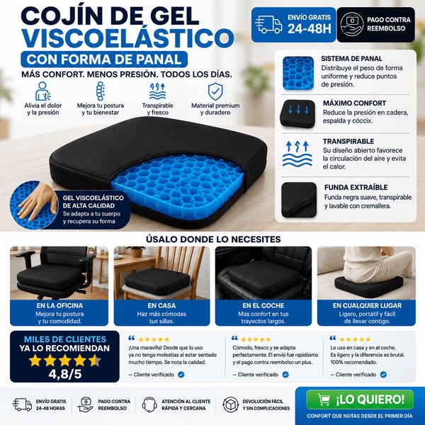Cojín de gel viscoelástico con forma de panal