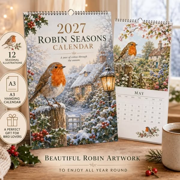 2027 Robin Seasons Calendar – British Countryside Garden Bird Wall Calendar