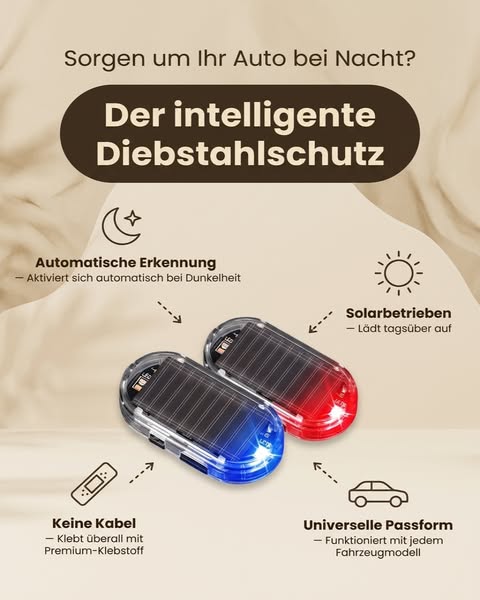 Solarbetriebene LED-Attrappe einer Autoalarmanlage mit Bewegungssensor
