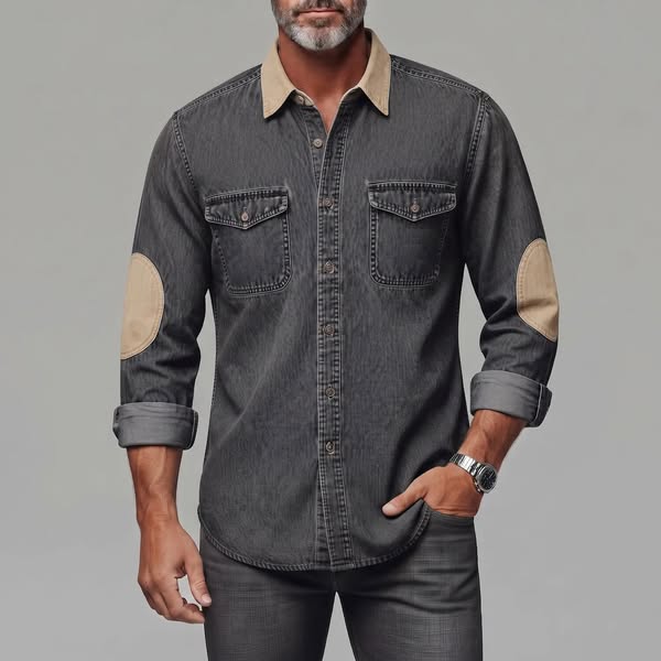 Men's Retro Patchwork Turndown Collar Chest Pocket Denim Long Sleeve Shirt