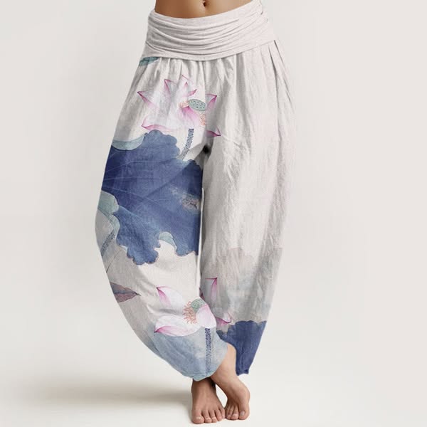 Buddha Stones Cotton Casual Lotus Petal Pods Pattern Women's Elastic Waist Harem Pants
