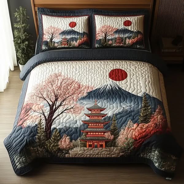 Japanese Pagoda Delight 3-Piece Quilted Bedding Set NCU0DV5451 - Single (59'' x 70'')