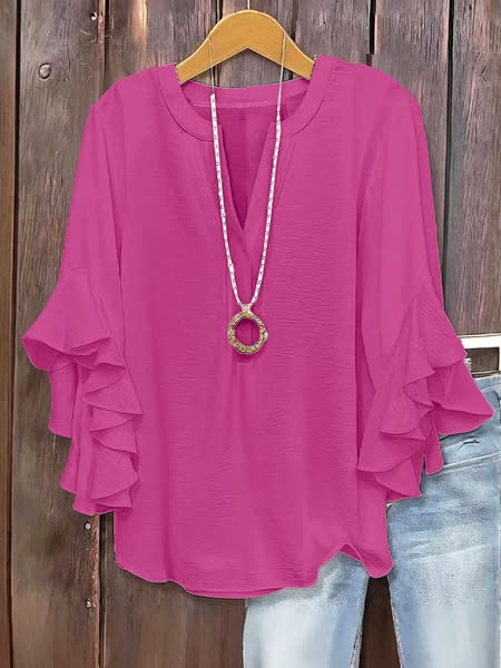 Plus Size Women's Floral V-Neck Blouse Flowy Ruffled Sleeve Top for Arm & Tummy Flattering Lightweight Casual Summer Shirt - Hot Pink