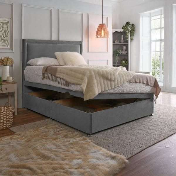 Rapyal Sleep Mira Ottoman Storage Divan Bed, 5ft King, End Lift Ottoman, 54" Headboard (same as image), Ortho Sprung Mattress, Steel (Plush