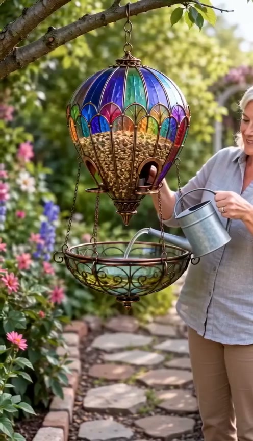 Stained Glass Hot Air Balloon Bird Feeder Fountain