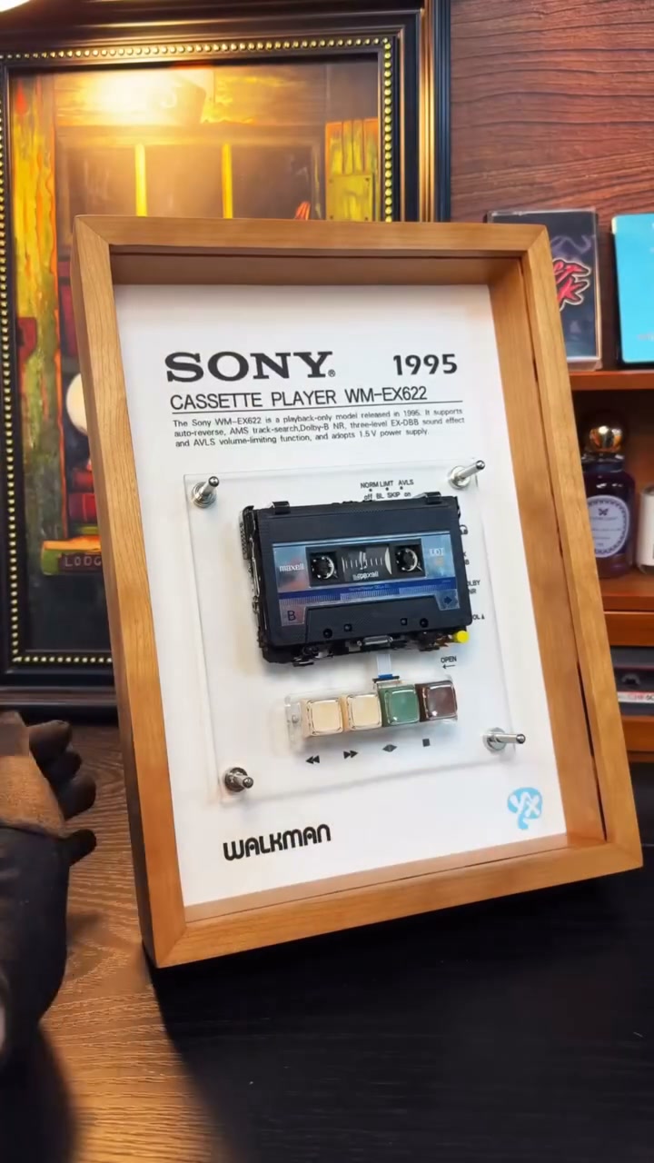 Vintage Cassette Player Frame with Functional Tape Playback & Retro Wall Art Design
