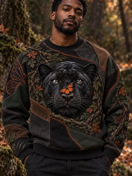 Men's Patchwork Panther Face Monarch Butterfly Fall Foliage Art Print Casual Sweatshirt