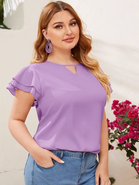 Reflora Plus Size Lilac Purple Keyhole Neck Layered Flutter Sleeve Top Women's Blouses Workwear Regular Fit Elegant Casual Summer Plain