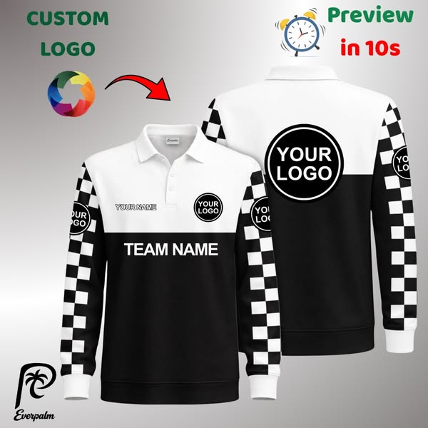 Custom Checkered Sleeves Two Tone Color Block Long Sleeve Polo Shirt