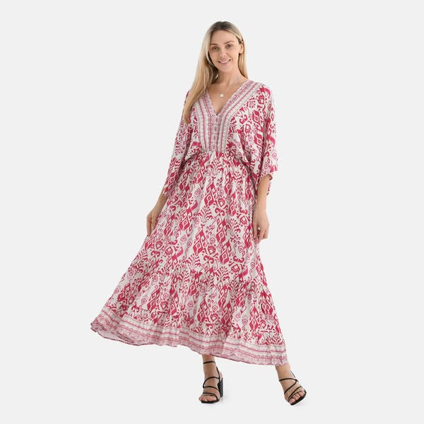 €27.99 | Maxikleid mit Platzdruck, Kimono-Ärmeln, elastischer Taille und Stufenrock, Rückenschleife, 100% Viskose, 38x135 cm (erweiterbar bi