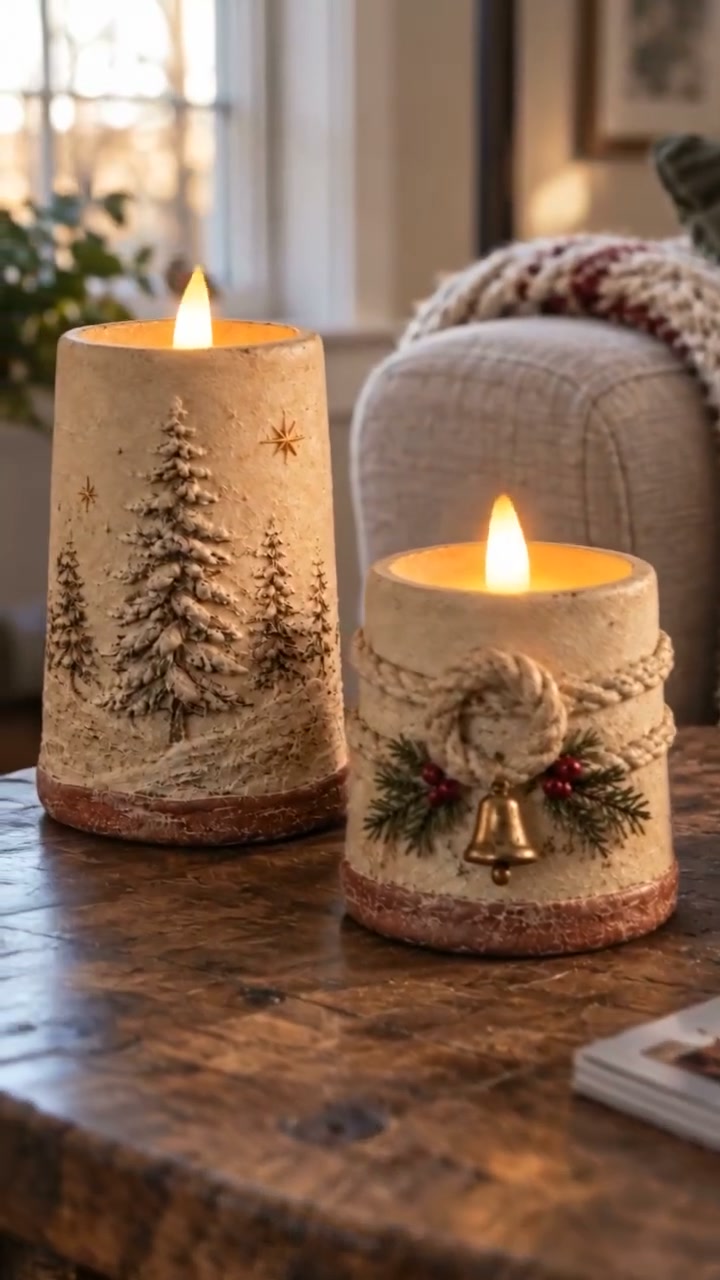 Rustikales Weihnachts-Deko-Set: 2 flammenlose LED-Kerzen
