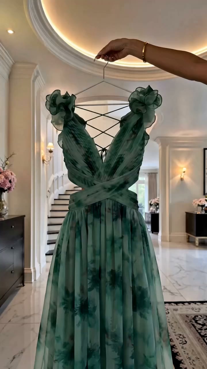 3D Floral Print Strap Formal Gown