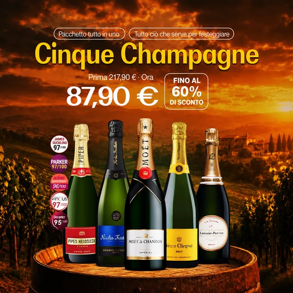 Selezione di 5 Champagne: Bollinger Special Cuvée, Veuve Clicquot Brut, Moët & Chandon Impérial Brut, Taittinger Brut Réserve e Laurent-Perr