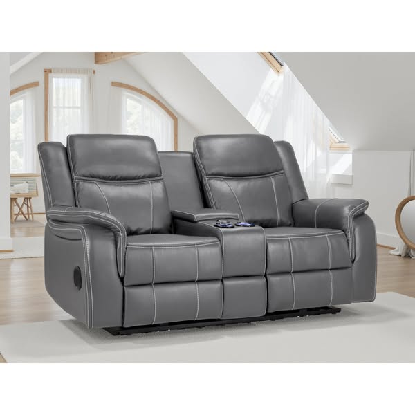 Luxurious Galaxy Tech Electric Recliner 2-Seater Grey Leather Sofa with USB
