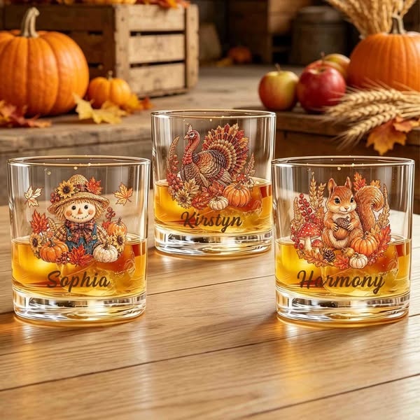 Copo de uísque personalizado com nome e desenho de animais da colheita de outono, 300ml, estilo old fashioned, decoração de mesa rústica out