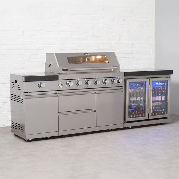 Draco Grills 6 Burner BBQ Modular Outdoor Kitchen with Sear Station and Double Fridge Unit