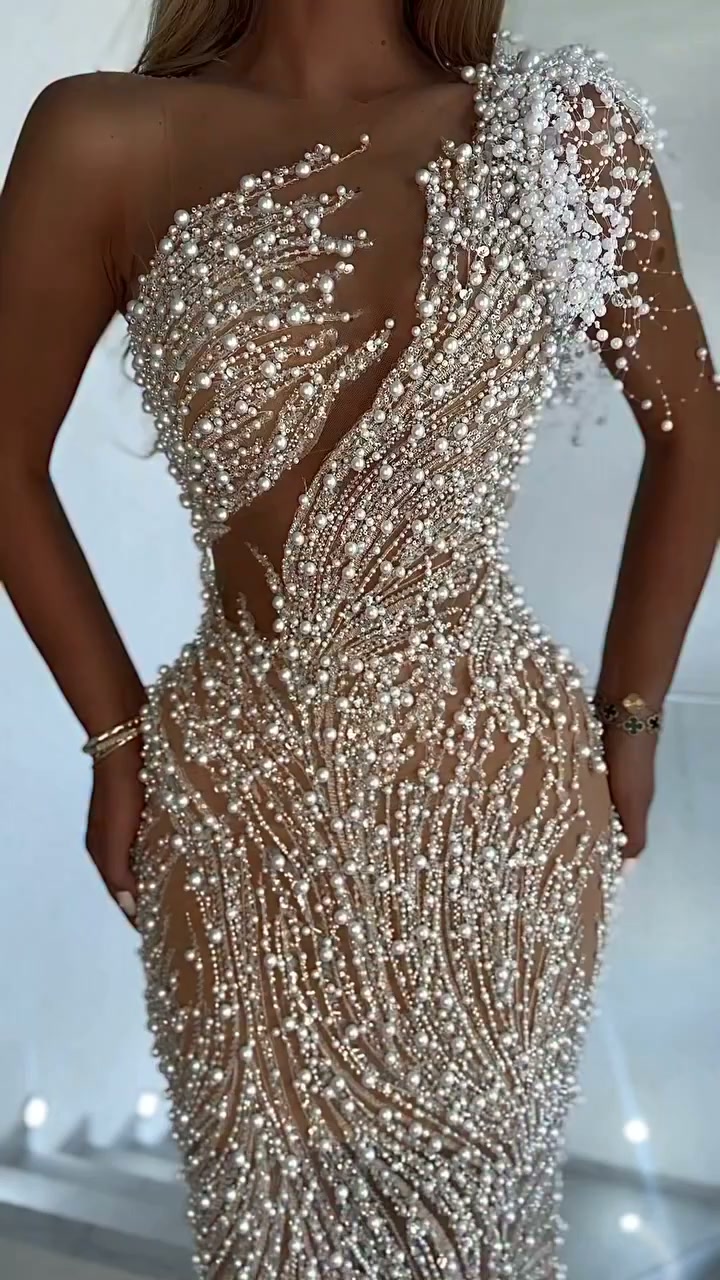 Nude One Shoulder 3D Pearl Rhinestone Feather Sheer Mesh Mermaid Train Evening Maxi Dress For Wedding Guest Prom Gala Birthday Pageant
