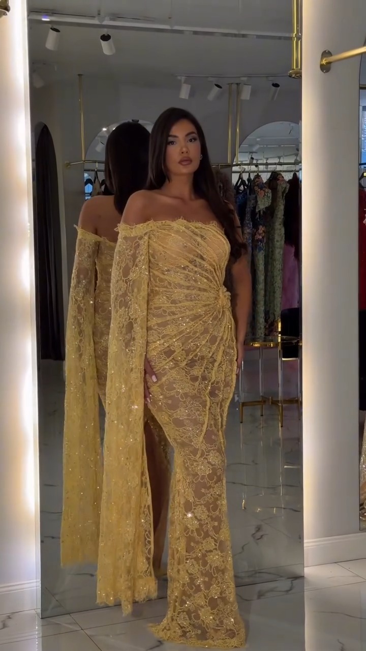 Off Shoulder Cape Sleeve Ruched Sequin Lace Sheer Mermaid Evening Gown, Pale Yellow Side Slit Formal Maxi Dress
