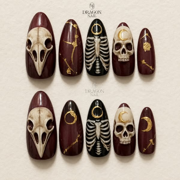Dark Horror Moon Skull 3D Stiletto Press On Nails
