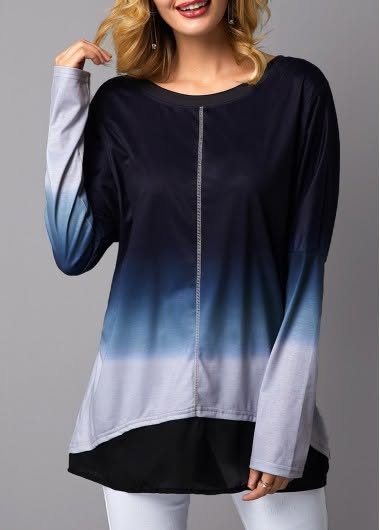 Das Creative dahinter: Long Sleeve Asymmetric Hem Round Neck T Shirt