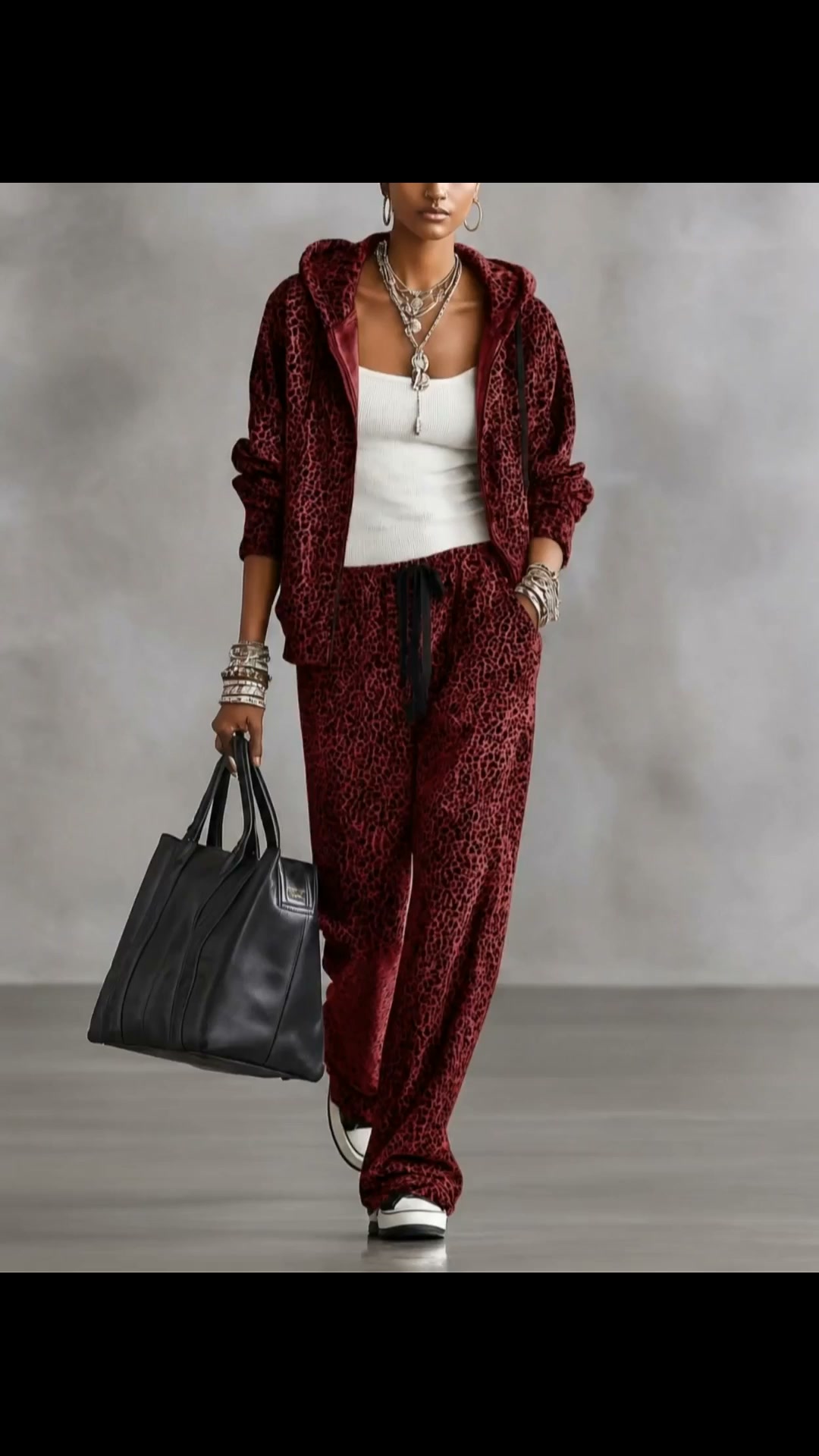 Burgundy Leopard Zip Up Hooded Jacket & High Waist Drawstring Wide-leg Pants Set | 10% OFF