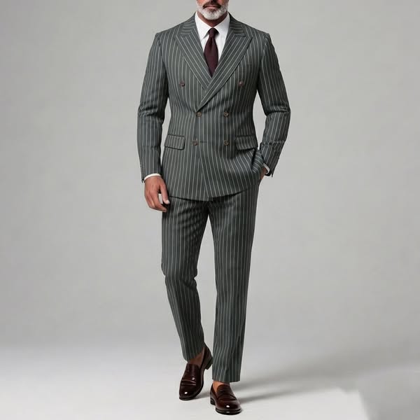 Men's Business Striped Peak Lapel Double Breasted Long Sleeve Blazer & Pants 2Pcs Set
