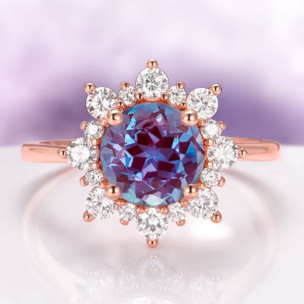 Snowflake Lab-Grown Round Cut Alexandrite Engagement Ring in 14K Solid Rose Gold