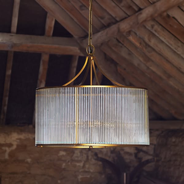 Artemis circular chandelier in brass with glass rods and frosted glass baffle