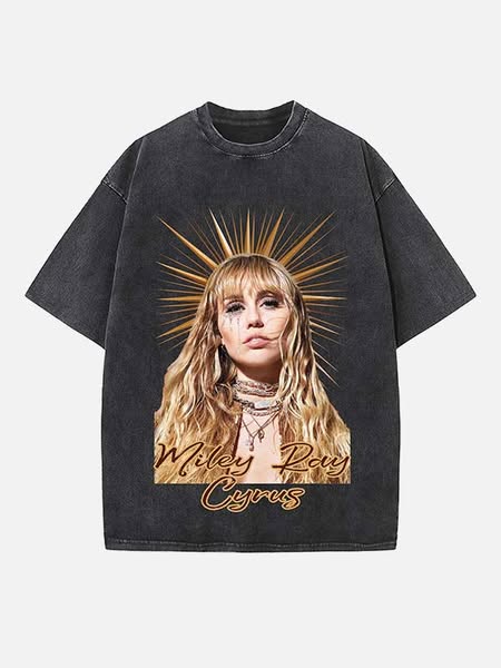 Miley Cyrus Print Round Neck T-shirt Black-S