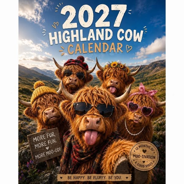 2026 Funny Highland Cow Wall Calendar