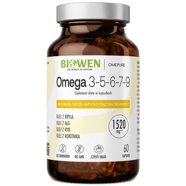 Biowen Omega 3-5-6-7-9 (1520 mg), Kwasy Omega EPA DHA, Olej z Kryla, Alg, Ryb i Rokitnika + Granat